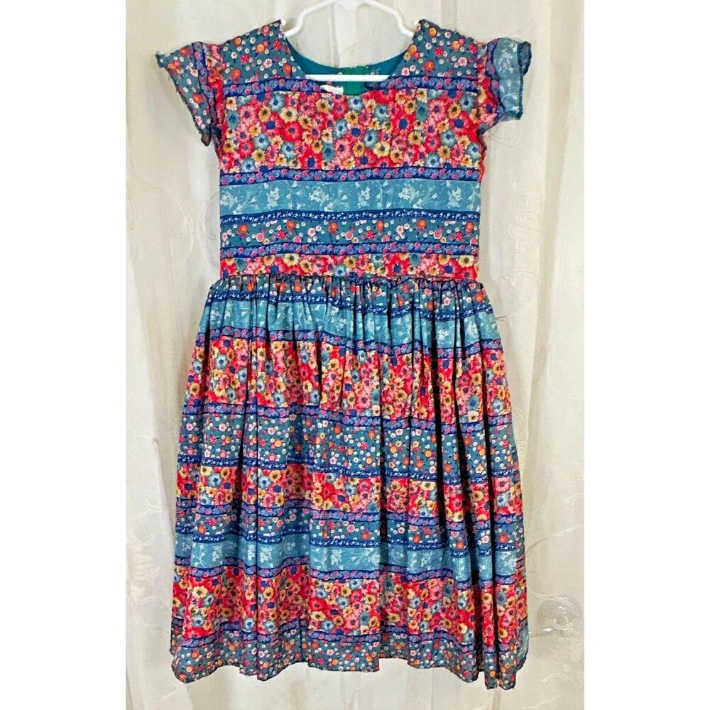 Confecciones Ruth Girls Blue Pink Floral Smocked Tiered Maxi Dress Flutter Sz 1